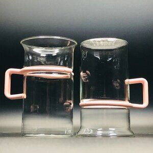 BODUM Coffee Cup PAIR Vintage French Bistro Clear Glass Mugs 70s  Pink Handles